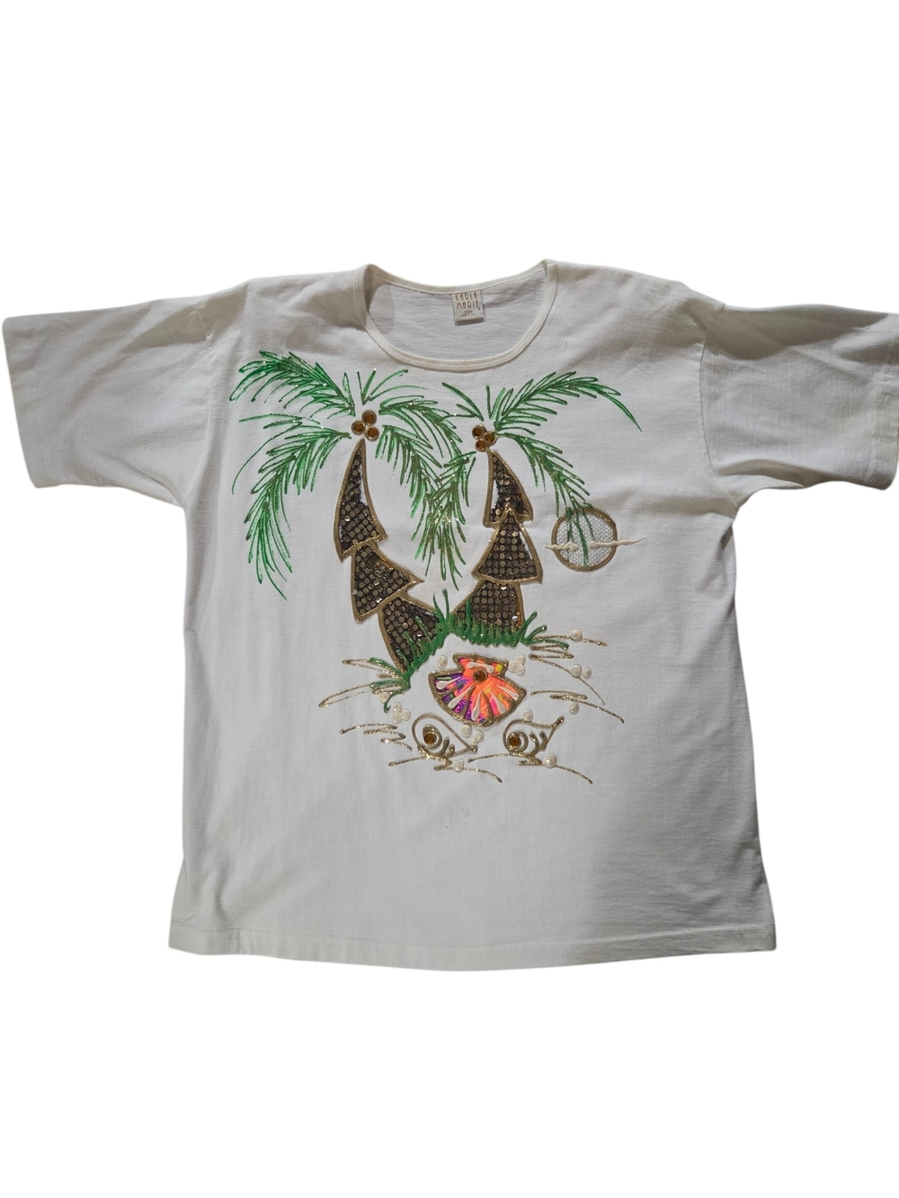 Vintage 80s Studio Magic by Karla Marie White Tropical Palm Graphic T-Shirt